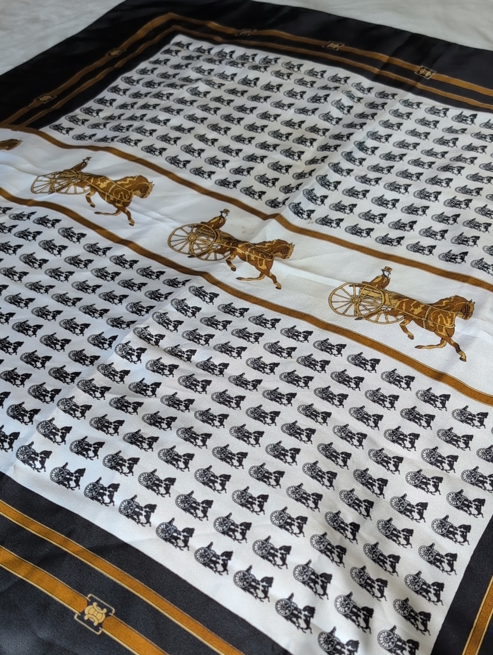 Luxury Horse & Carriage Print Silk Scarf - Black, White & Gold